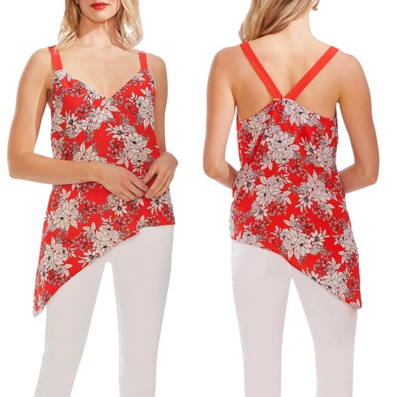 Vince Camuto Tops - Vince Camuto Halter Top Red Floral V-Neck Asymmetric Hem Women's Large NEW